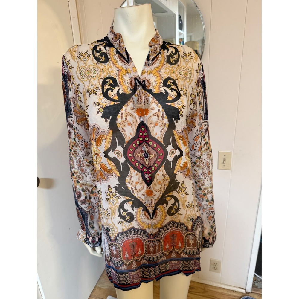 Go Silk 100% Silk Paisley Print Tunic Top Multi-Color Long Sleeve XS